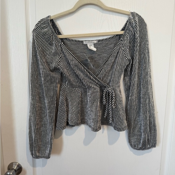 Caution To The Wind Tops - Caution To The Wind Black and White Striped Wrap Blouse